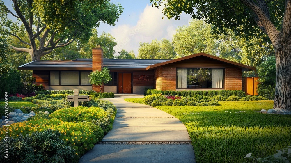 Fototapeta premium Mid-Century Modern Dream Home: Landscaped Suburban Paradise