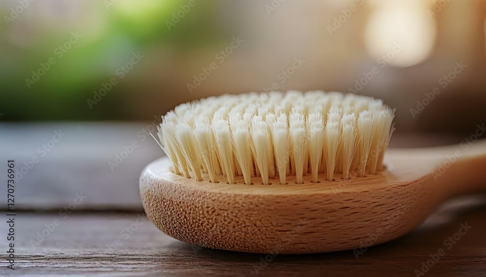 Wooden Brush with Soft Bristles on Rustic Wooden Surface Wooden Brush with Soft Bristles on Rustic Wooden Surface
