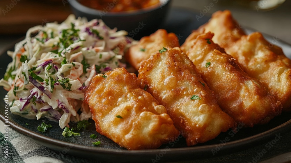 A plate of crispy fried food accompanied by coleslaw and a dipping sauce. A plate of crispy fried food accompanied by coleslaw and a dipping sauce.