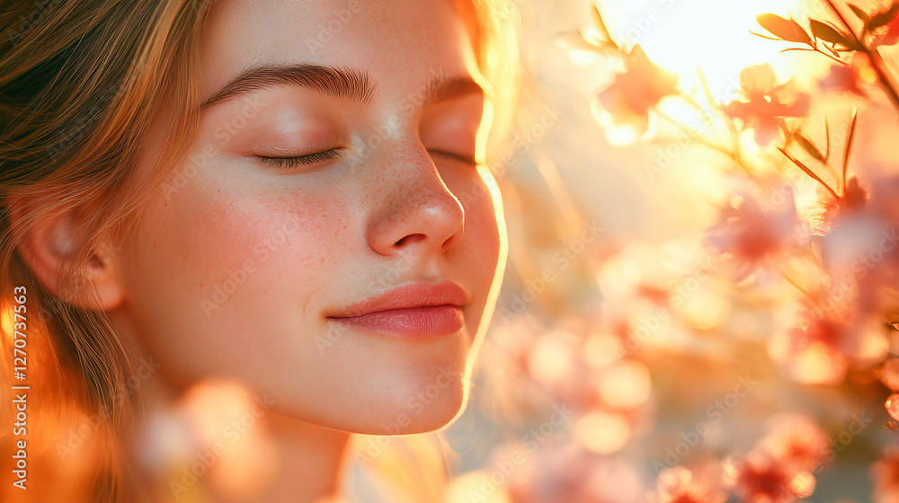 Fototapeta premium Woman Enjoying Aromatherapy with Essential Oil to Relax and De-stress, Close-Up of Peaceful Expression, Warm Lighting and Floral Background, Focus on Well-Being and Mindfulness Practices 