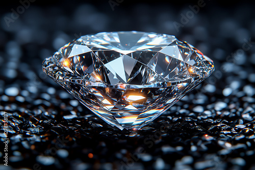 Close-up of a sparkling diamond on a glossy surface, capturing brilliance and elegance. photo