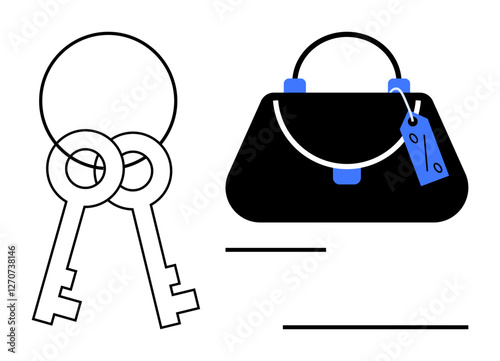 Two vintage keys linked by rings next to a classic handbag with a price tag. Ideal for themes on security, fashion, personal belongings, value, ownership, shopping, and identity. Minimalist style