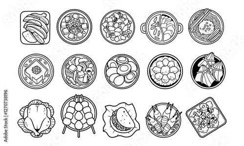 Chinese food top view outline vector illustration set