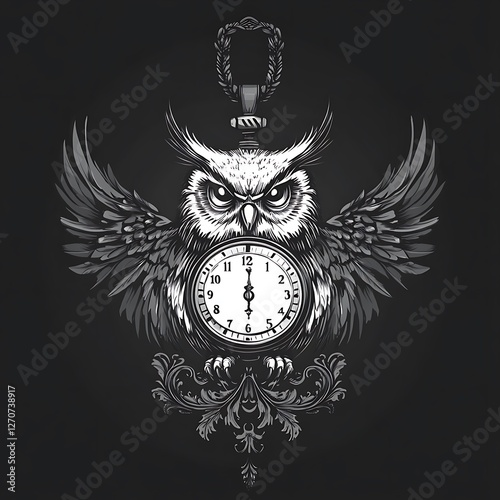 Owl with antique pocket watch, graphic design photo