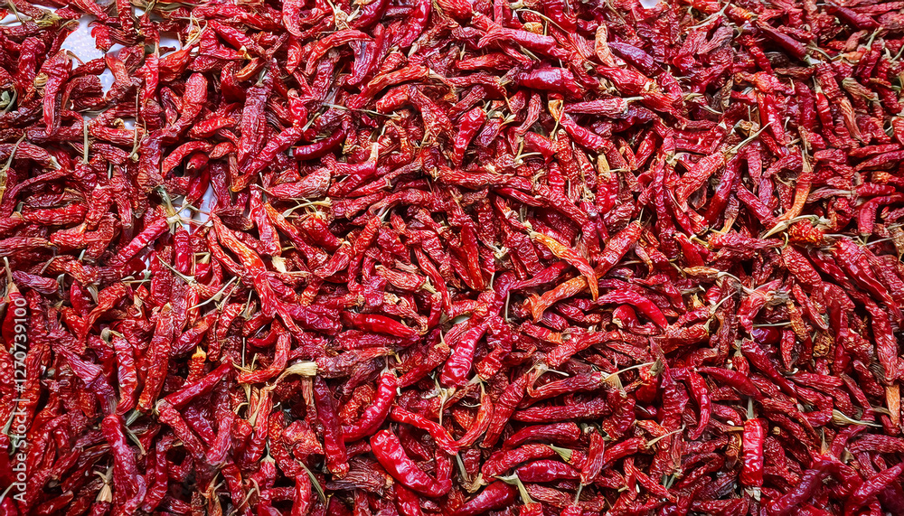 Fototapeta premium Background filled with dried red chili peppers, showcasing their wrinkled texture and vibrant red color. Perfect for spicy, Mexican, or gourmet food concepts. Texture, background.