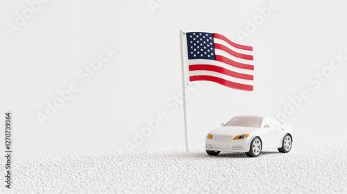3D White Car and American Flag Minimalist Design