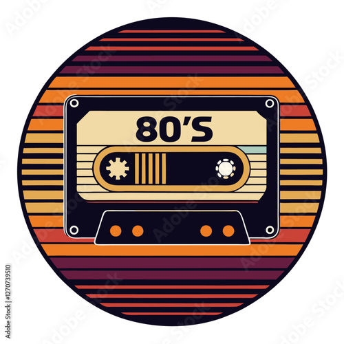 Retro 80s Cassette Tape Vintage Design with Sunset Stripes Background Awesome Music Memorabilia