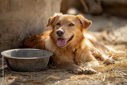  Dog lying in shade with tongue hanging out, panting heavily, tipped-over water bowl, dry grass crunching under sun.