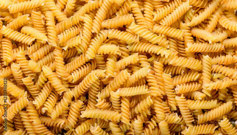 Background filled with identical shapes of fusilli pasta, showcasing their uniform design and golden-yellow color. Perfect for Italian cuisine or cooking themes. Texture, background. Background filled with identical shapes of fusilli pasta, showcasing their uniform design and golden-yellow color. Perfect for Italian cuisine or cooking themes. Texture, background.