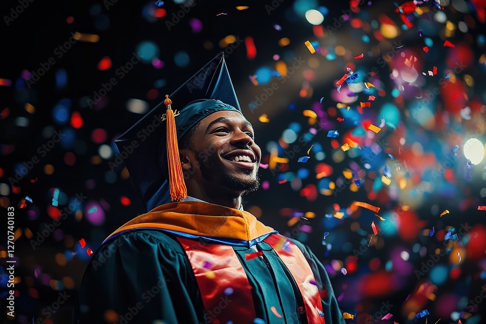 Fototapeta premium Smiling graduate in cap and gown surrounded by colorful confetti, joyful expression, bright lights, proud celebratory moment