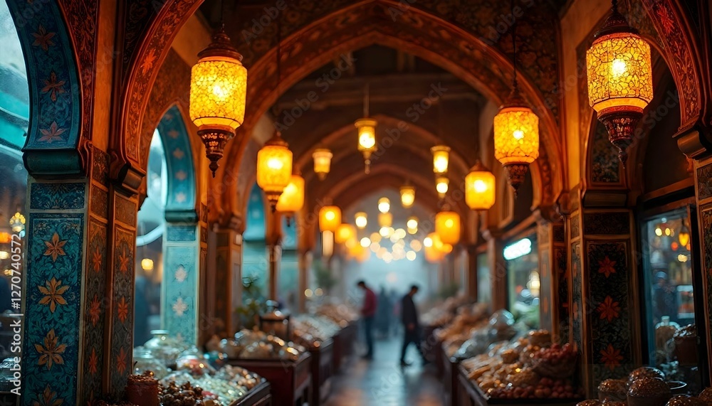 Obraz premium A bustling hallway adorned with numerous lamps, featuring a diverse crowd of people in an Islamic architectural setting