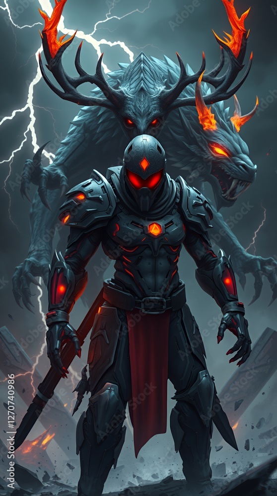 Fototapeta premium Dark Knight and Beast Guardians: A Digital Fantasy Artwork