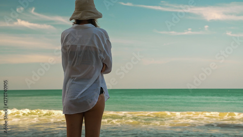 A woman stands barefoot on the sandy beach, gazing at the calm ocean waves. Dressed in a white shirt and wearing a sun hat, she relishes the serene atmosphere in the afternoon sunlight.