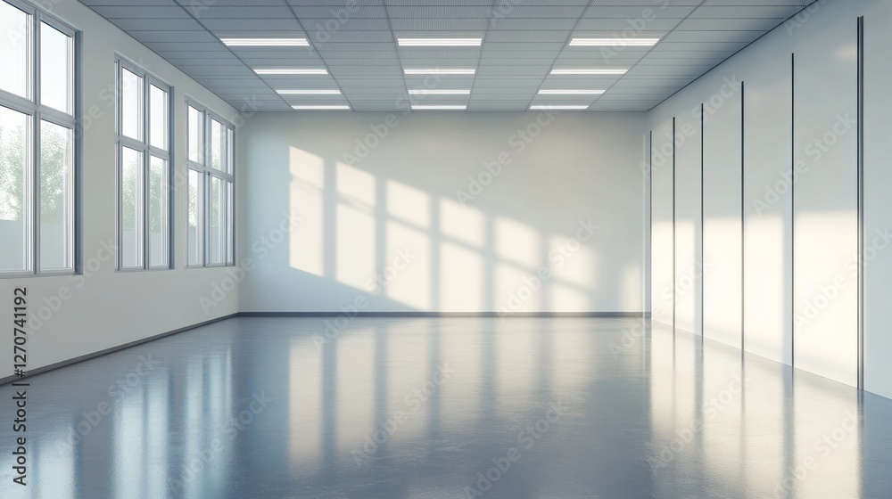 Fototapeta premium Sunlit empty modern office space with large windows and polished floor.