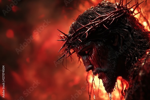  Side profile of Jesus wearing crown of thorns, covered in blood, intense suffering, dark fiery background, powerful emotion photo