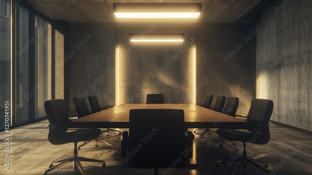 Fototapeta premium Modern conference room with long wooden table and dark chairs, illuminated by warm light.