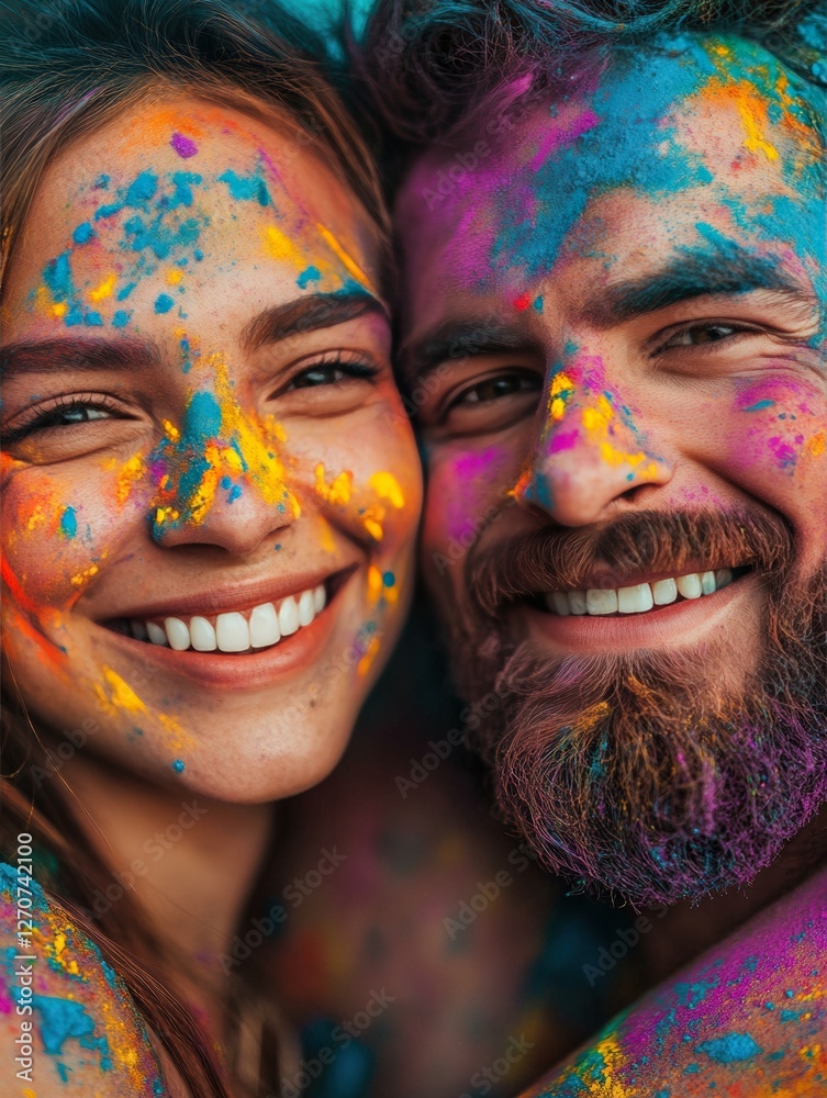 Obraz premium Joyful Holiday Portrait with Smiling Faces and Paint Fun celebrating Holi 