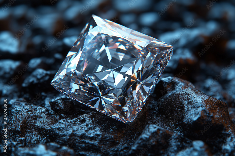 Radiant diamond on rugged rock surface with intricate sparkle and blue lighting. Radiant diamond on rugged rock surface with intricate sparkle and blue lighting.