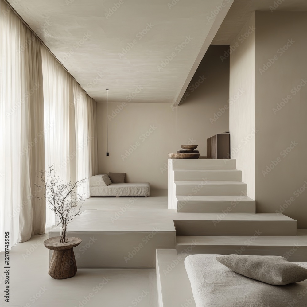 Obraz premium Minimalist Beige Interior Design with Built-in Steps