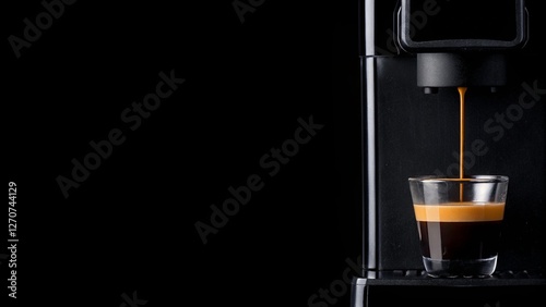 Hot coffee flow to a cup on espresso machine, minimal style, Dark Dramatic Lighting.