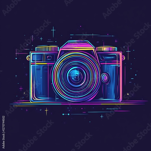 Retro camera graphic design, vibrant colors, digital art, background dark. Possible use for posters, social media, website design photo