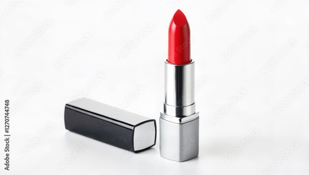 Close-up of a bold red lipstick with a sleek silver and black container Close-up of a bold red lipstick with a sleek silver and black container