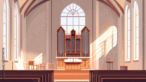 Sunlit Church Sanctuary with Open Hymnal