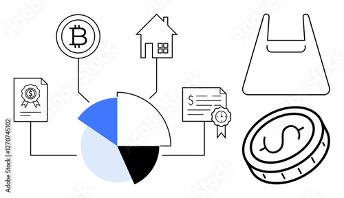 Pie chart connected to Bitcoin, house, and certificates. Shopping bag and coin reinforce commerce and investment concepts. Ideal for finance, investment, economy, asset management, commerce
