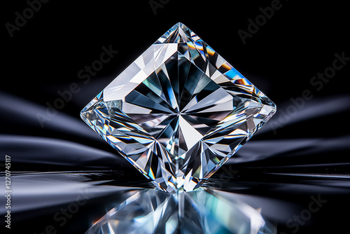Sparkling diamond with detailed facets displayed on a sleek reflective surface.