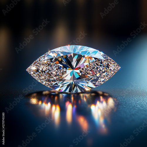Sparkling marquise diamond reflecting colorful light on a dark surface.