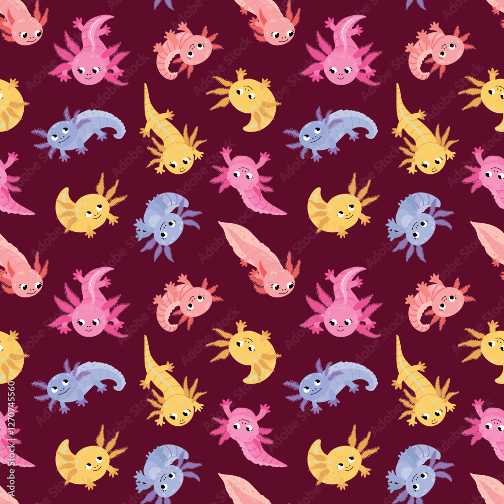 Seamless pattern with funny axolotls. Endless textures for your design
Seamless pattern with funny axolotls. Endless textures for your design