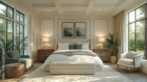 Interior design for a guest bedroom featuring a neutral theme with sleek moldings on the walls. The color scheme includes beige, white, and cream tones, with deeper beige flooring