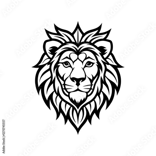 Tribal Lion Head Logo, Fierce Black and White Vector Illustration