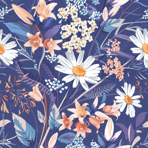 Seamless pattern with colorful flowers - Chamomilla, Campanula, Achillea Millefolium and grass isolated on blue background. Hand-drawn illustrations of wildflowers.
