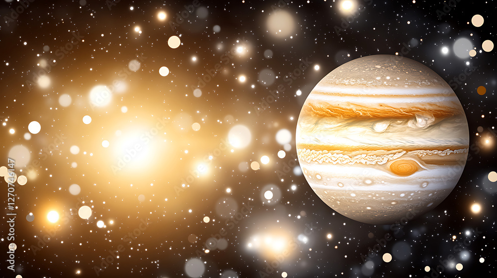 Fototapeta premium Jupiter Majesty Amidst Cosmic Glow Nebulae Field with Golden Starburst Symphony Space Exploration