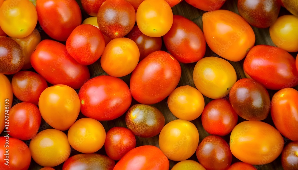 Close-up of fresh cherry tomatoes in red, yellow, and orange, highlighting their glossy skin and vibrant colors. Ideal for healthy food, salads, or vegetable concepts. Texture, background. Close-up of fresh cherry tomatoes in red, yellow, and orange, highlighting their glossy skin and vibrant colors. Ideal for healthy food, salads, or vegetable concepts. Texture, background.