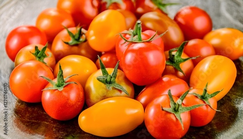 Close-up of fresh cherry tomatoes in red, yellow, and orange, highlighting their glossy skin and vibrant colors. Ideal for healthy food, salads, or vegetable concepts. Texture, background.