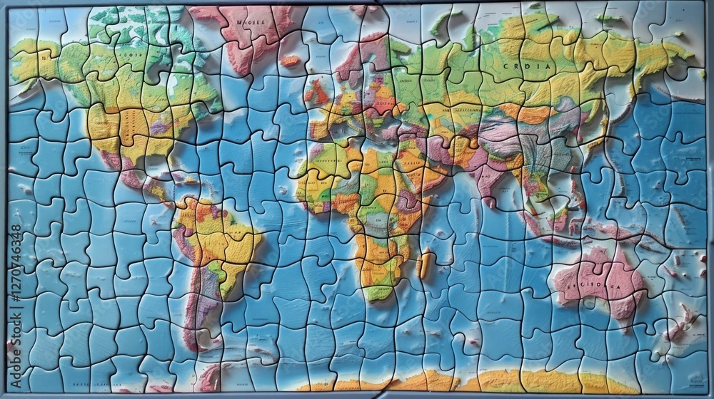 Obraz premium Unassembled World Map Puzzle: A Colorful Journey Across Continents