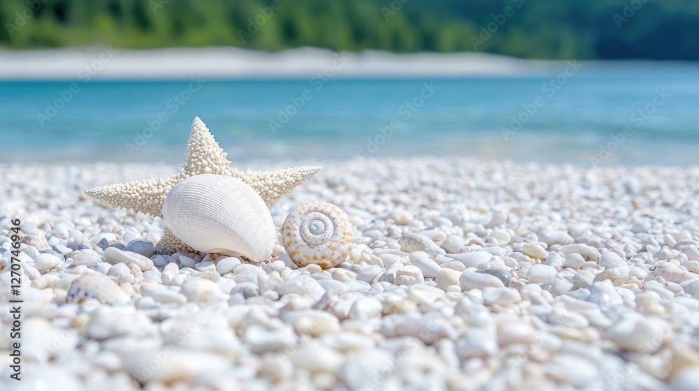 Seashells on beach, turquoise water, summer