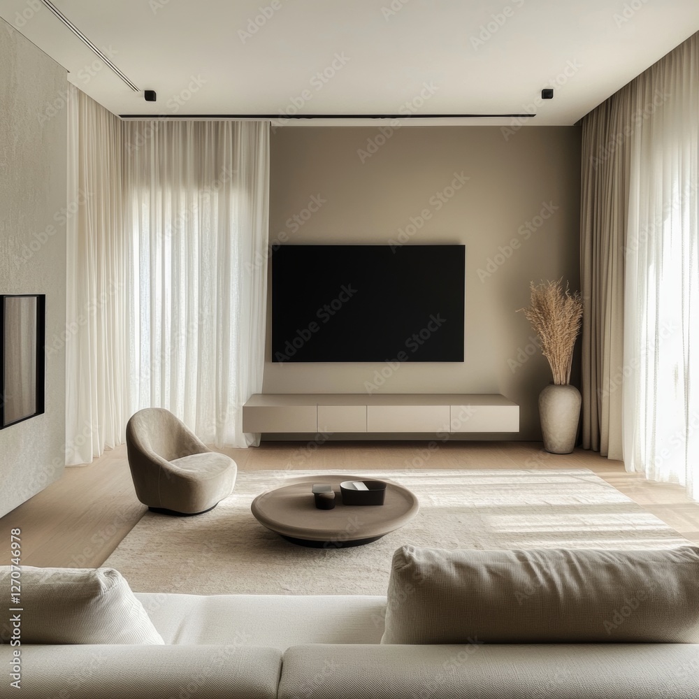 Modern living room with beige color scheme and large TV Modern living room with beige color scheme and large TV