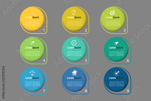 business concept with 9 steps,  shape and multicolor label ,design for workflow layout, diagram, annual report, web design. vector