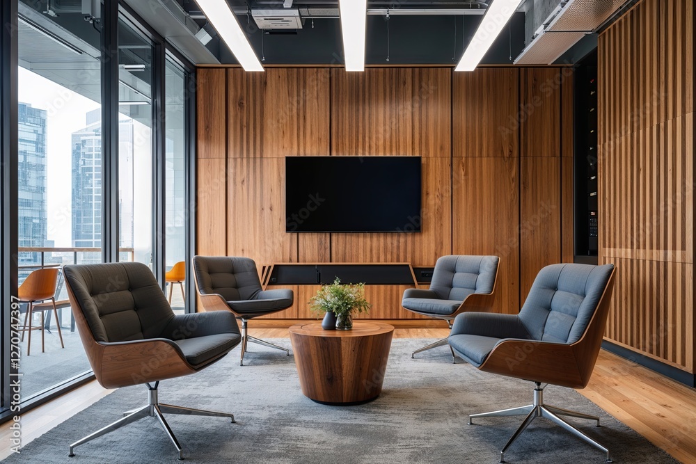 © Michael - Chic Wooden Office Lounge Featuring Modern Chairs and Multimedia Screen for Contemporary Workspaces © Michael - Chic Wooden Office Lounge Featuring Modern Chairs and Multimedia Screen for Contemporary Workspaces