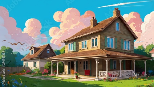 Illustration, a house, garden, lots of clouds