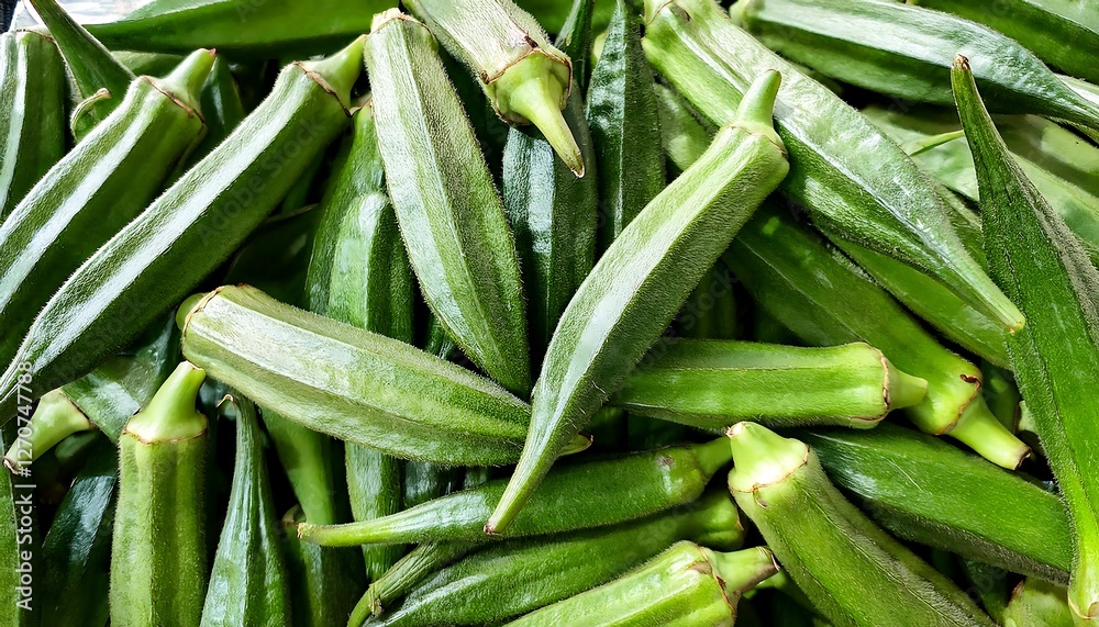 Close-up of fresh okra pods, emphasizing their ridged texture and vibrant green color. Ideal for healthy food, salads, or vegetable concepts. Texture, background. Close-up of fresh okra pods, emphasizing their ridged texture and vibrant green color. Ideal for healthy food, salads, or vegetable concepts. Texture, background.