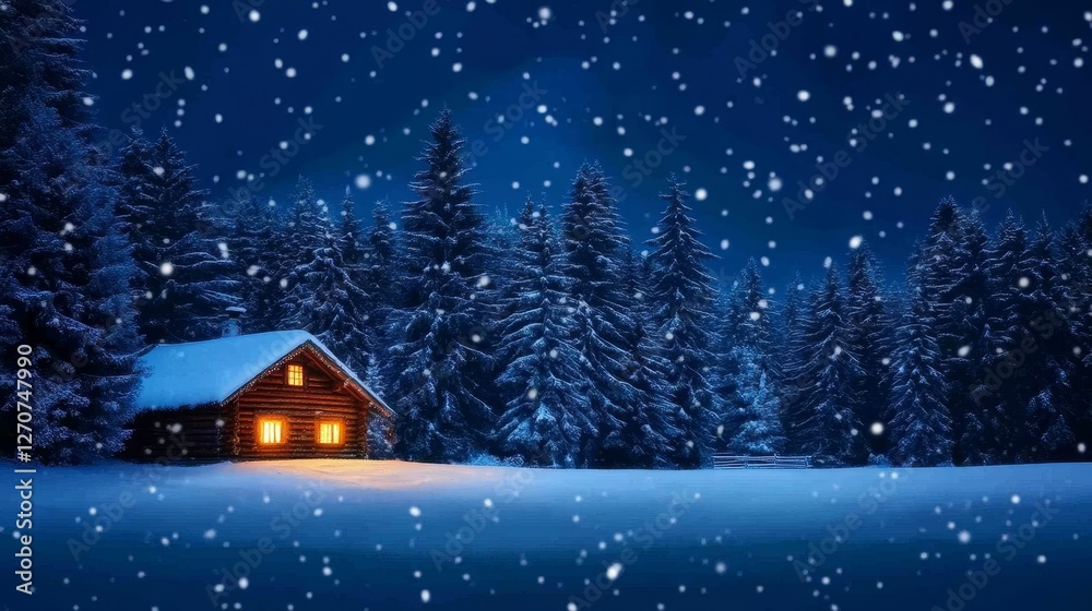 Fototapeta premium Cozy cabin illuminated at night amidst falling snow in a serene winter forest landscape