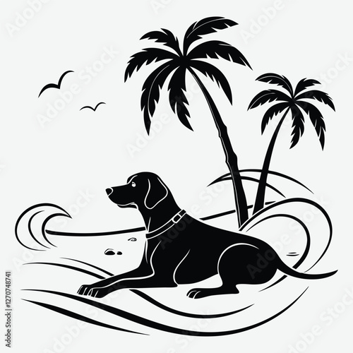 A dog lying on the beach while palm trees and waves surround it silhouette design vector art and illustration