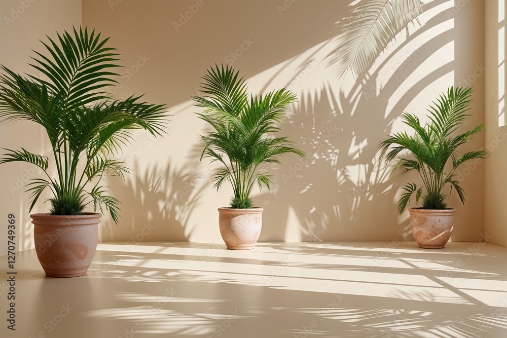Fototapeta premium Stylish Bright Beige Studio Design with Potted Palms and Dappled Leaf Reflections for Fashion Displays