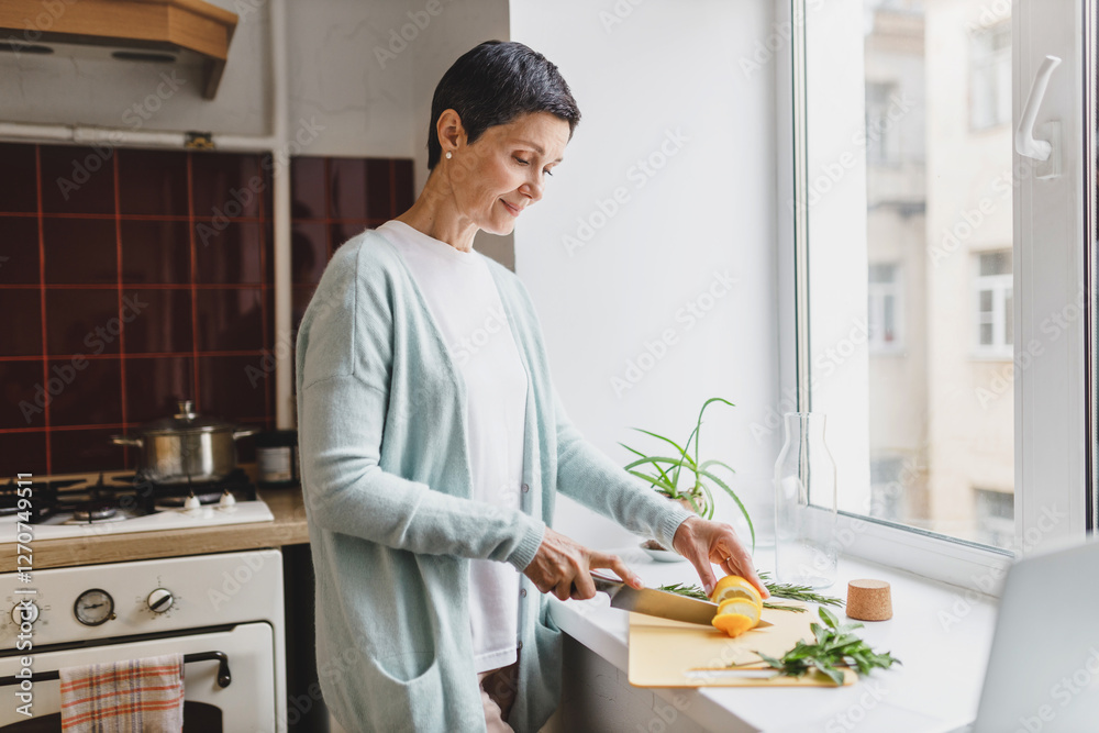 Side view of pretty lady of 50s in home clothes slicing lemon on cutting board to make healthy and tasty detox water with herbs to stay energized and slim, working on windowsill at kitchen