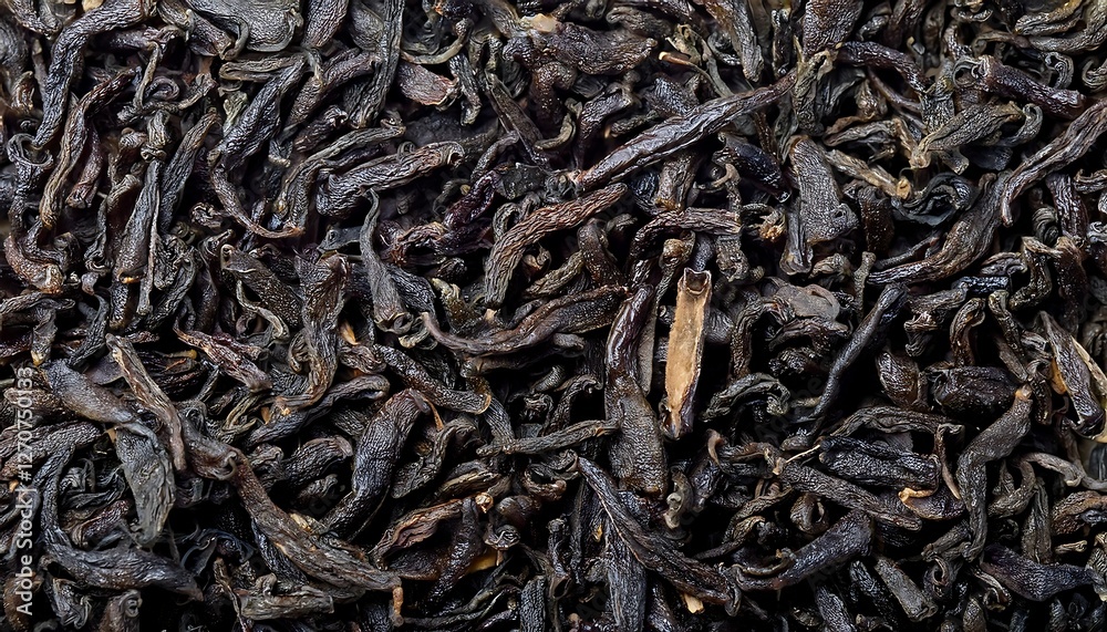 Close-up of loose black tea leaves, showcasing their dark, curled texture and rich brown hues. Ideal for cozy tea concepts, rustic themes, or artisanal products. Texture, background. Close-up of loose black tea leaves, showcasing their dark, curled texture and rich brown hues. Ideal for cozy tea concepts, rustic themes, or artisanal products. Texture, background.