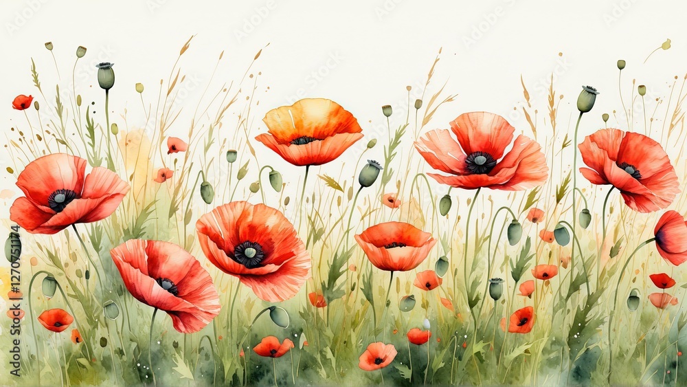 Obraz premium Seamless Hand-Painted Watercolor Red Poppy Flowers Texture. Wallpaper, Background, Banner, Greeting cards, wedding invitations, fabric prints, stationery, nature-inspired branding